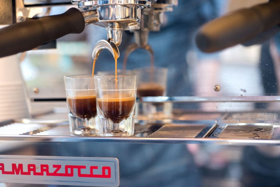 Twin espresso shots pulling on the La Marzocco